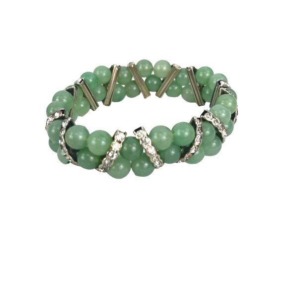 Green Jade Beaded Bracelet With Rhinestone Accents Stretch Fit - Picture 3 of 7